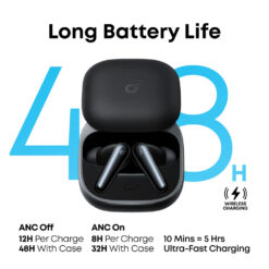 هدفون بلوتوثی انکر مدل Soundcore Liberty 5 با نویز کنسلینگ فعال (ANC)، درگاه شارژ USB Type-C، تا 30 ساعت زمان پخش موسیقی، دارای سنسور نوری داخل گوش و مقاوم در برابر رطوبت و عرق