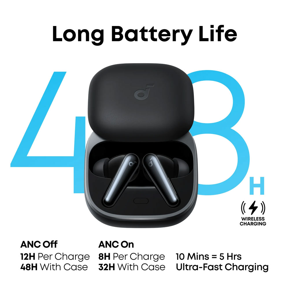 هدفون بلوتوثی انکر مدل Soundcore Liberty 5 با نویز کنسلینگ فعال (ANC)، درگاه شارژ USB Type-C، تا 30 ساعت زمان پخش موسیقی، دارای سنسور نوری داخل گوش و مقاوم در برابر رطوبت و عرق
