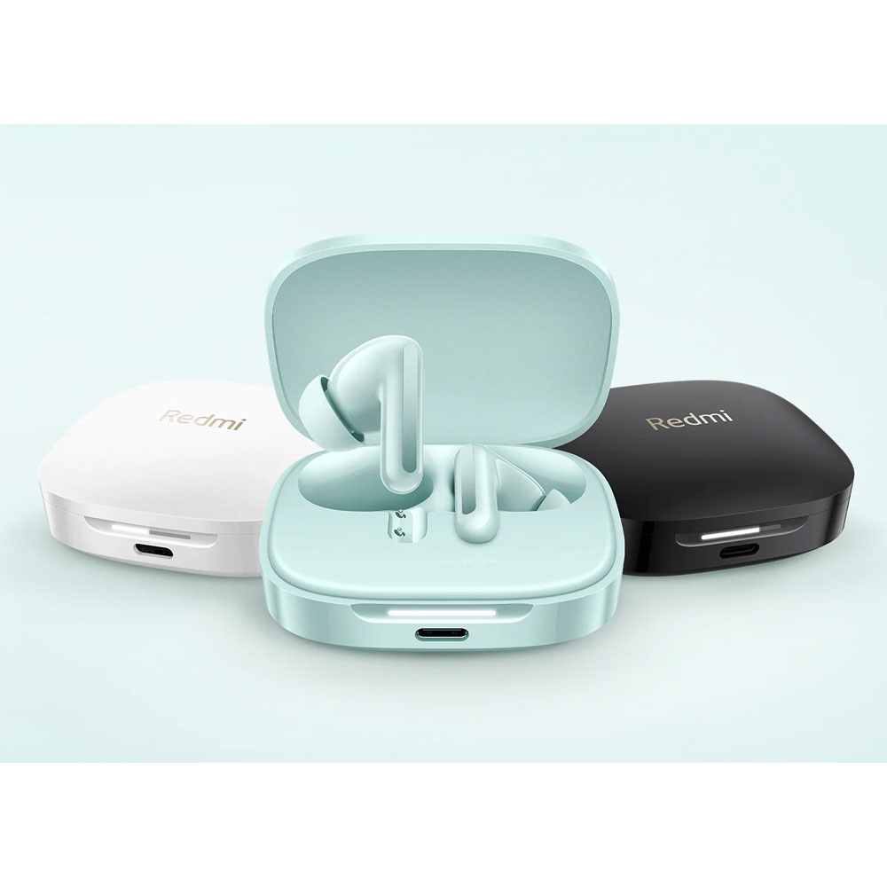 هدفون بلوتوثی شیائومی مدل Redmi Buds 6 با نویز کنسلینگ فعال (ANC)، درگاه شارژ USB Type-C، دارای میکروفون دوگانه با ENC (کاهش نویز محیط)، مقاوم در برابر رطوبت و عرق